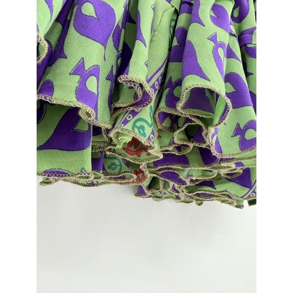 Tiered Boho Silk Blend Skirt Mini Green Paisley Smocked Festival Lettace Hem Y2k - Picture 3 of 6